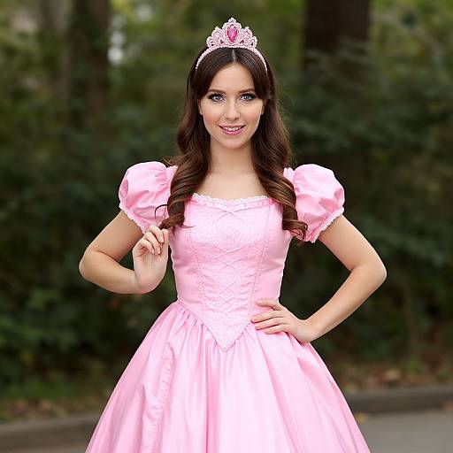 Photograph of a smiling young woman with long brown hair, wearing a pink princess dress, puffed sleeves, and a silver tiara, standing outdoors