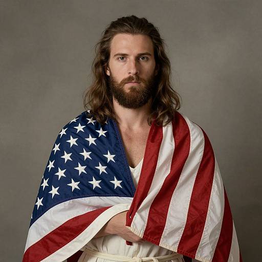 Photograph of a bearded, long-haired white man with serious expression, draped in an American flag, against a gray background.