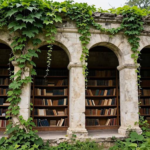 Photograph of ancient stone archway library, vines covering, dark wooden bookshelves filled with books, weathered texture, lush greenery.
