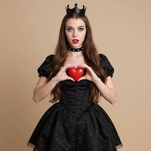 Photograph of a pale-skinned woman with long brown hair, wearing a black crown, black corset dress, choker, holding a red heart
