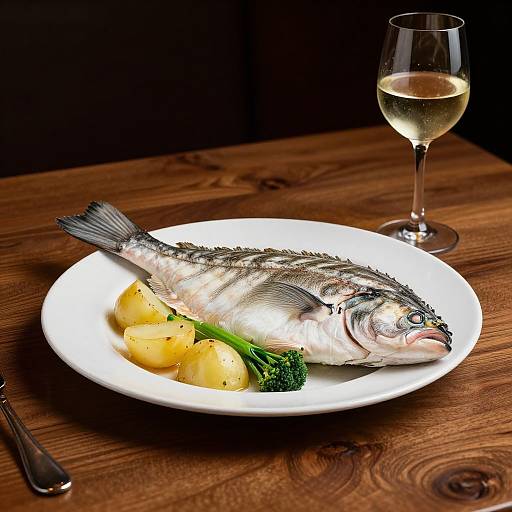 Photograph of a whole grilled fish on a white plate with yellow potatoes and green vegetables, beside a glass of white wine on a wooden table.