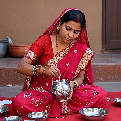 Photograph of an Indian woman in a red sari with gold trim, seated on a red cloth, pouring water from a silver pot into a bowl