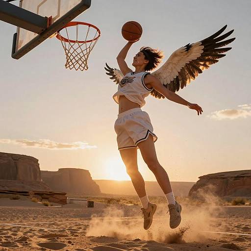 Woman with Wings Dunking Basketball at Sunset