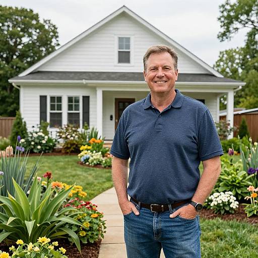 Photograph of a smiling middle-aged man in a navy polo and jeans standing in front of a white, suburban house with a well-maintained garden