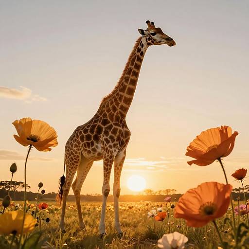 Photograph of a tall giraffe standing in a sunlit savanna field, surrounded by large orange poppies, during a golden sunset.