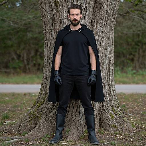 Photograph of a bearded man in black outfit, gloves, and cape, standing confidently against a tree in a forest.