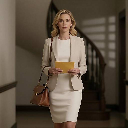 Blonde Woman in Beige Suit in Hallway