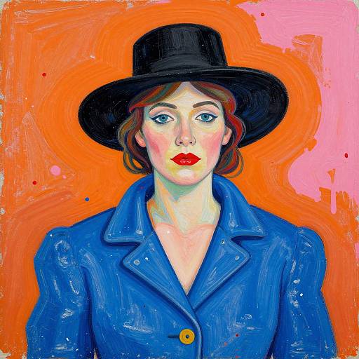 Digital painting of a fair-skinned woman with red lipstick, brown hair, black hat, blue coat, against an orange and pink background.