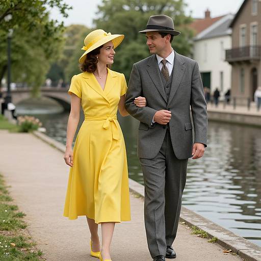 Photograph of a smiling couple walking along a river path; woman in yellow dress and hat, man in gray suit and hat.