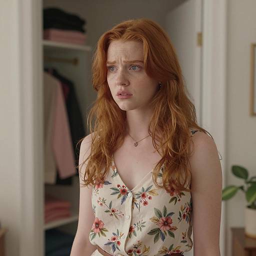 Concerned Young Woman in Floral Top