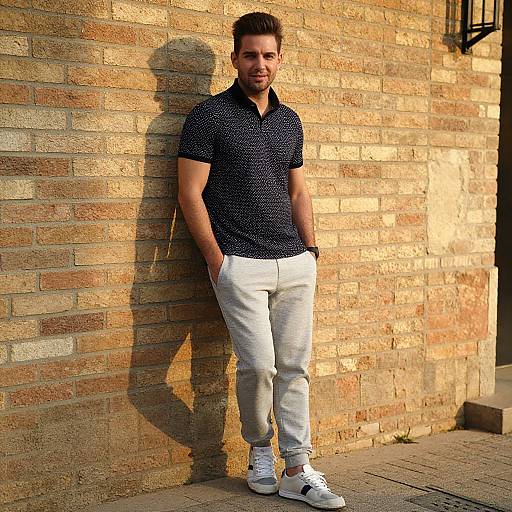 Photograph of a young man with short dark hair, wearing a black polka-dot shirt, white pants, and white sneakers, leaning against a sun