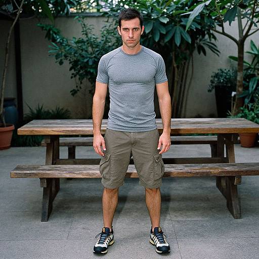 Photograph of a fit, young man with short dark hair, wearing a gray t-shirt, olive cargo shorts, and black sneakers, standing in front