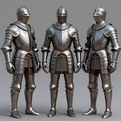 Photograph of three medieval-style, silver metallic suits of armor, each with a helmet, standing side by side against a gray background.