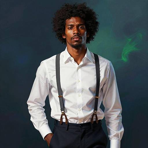 Photograph of a confident Black man with an afro, wearing a white dress shirt, black suspenders, and dark pants, standing against a dark