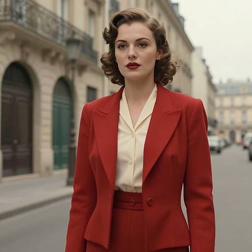Photograph of a fair-skinned woman with curly brown hair, wearing a red blazer and cream blouse, standing on a European street with classic buildings