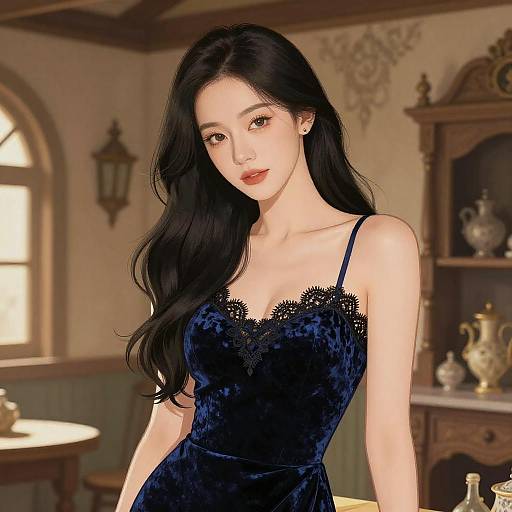 Elegant Woman in Dark Blue Velvet Gown
