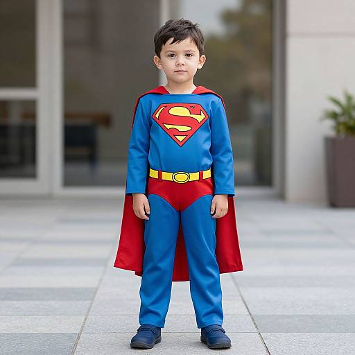 Photograph of a young boy with short black hair, standing on a tiled pavement, wearing a Superman costume with blue shirt, red cape, yellow belt