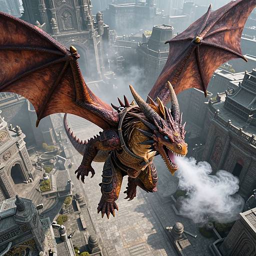 Digital artwork of a fierce, red-scaled dragon with large wings, breathing white smoke, soaring above a foggy, medieval cityscape.