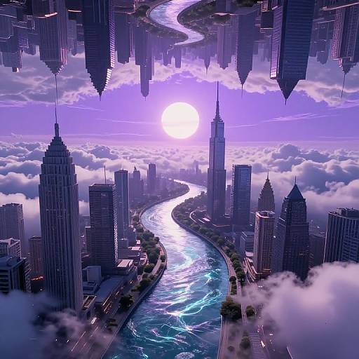 Digital artwork of a futuristic cityscape with towering skyscrapers, a winding river of glowing blue water, and a purple-hued sky with a bright