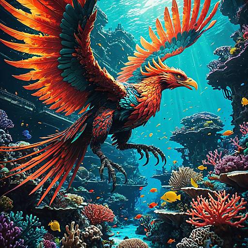 Mechanical Phoenix Soaring Above Coral Reef