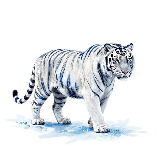 Digital illustration of a white tiger with blue stripes, standing alert on a light blue surface, white background. Realistic yet stylized.