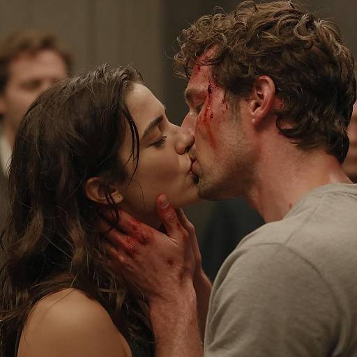 Intense kiss between bloodied couple