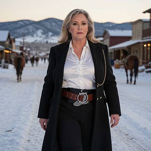 Photograph of a confident blonde woman in a black coat, white blouse, and belt with a large buckle, standing in a snowy Western town street.