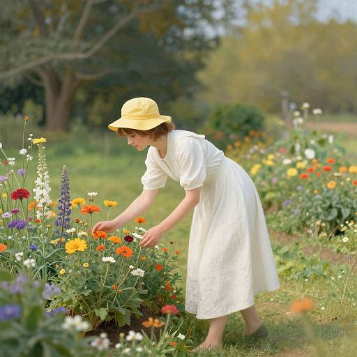 Photograph of a young woman in a white dress and yellow hat, tending to a vibrant garden with colorful flowers.