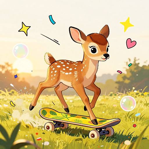Energetic Deer Fawn Skateboarding Illustration