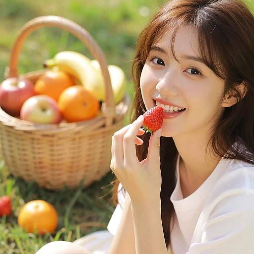 Photograph of a smiling Asian woman with long brown hair, wearing a white shirt, holding a strawberry near her mouth, with a wicker basket of