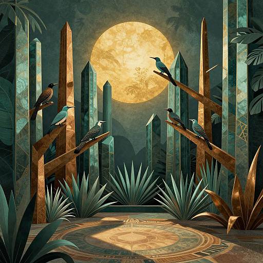 Digital artwork of a moonlit jungle with turquoise and gold crystals, perched birds, and agave plants, creating a mystical atmosphere.
