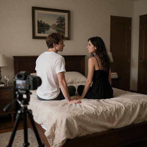 Couple Sitting on Bed in Dimly Lit Bedroom