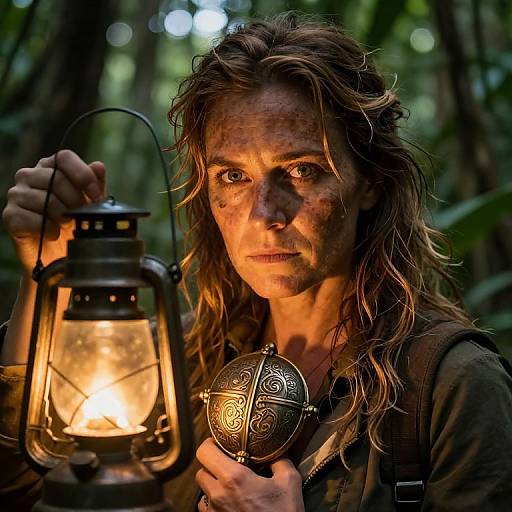 Photograph of a rugged, long-haired man with dirt-smudged face, holding a glowing lantern and ornate pocket watch in a forest.