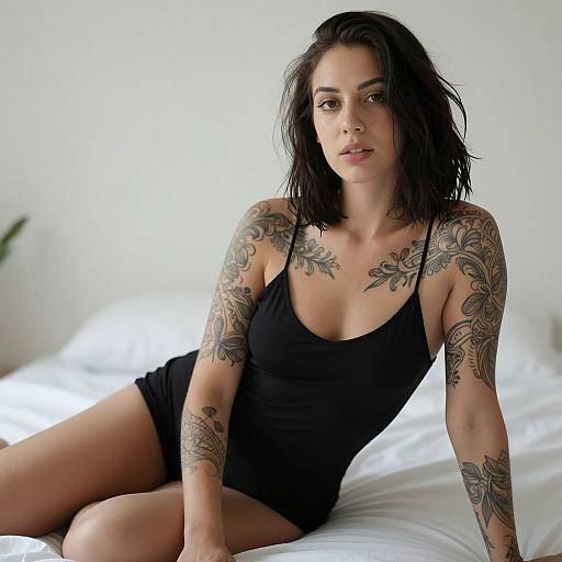 Photograph of a tattooed woman with black hair, wearing a black tank top and shorts, sitting on a white bed.