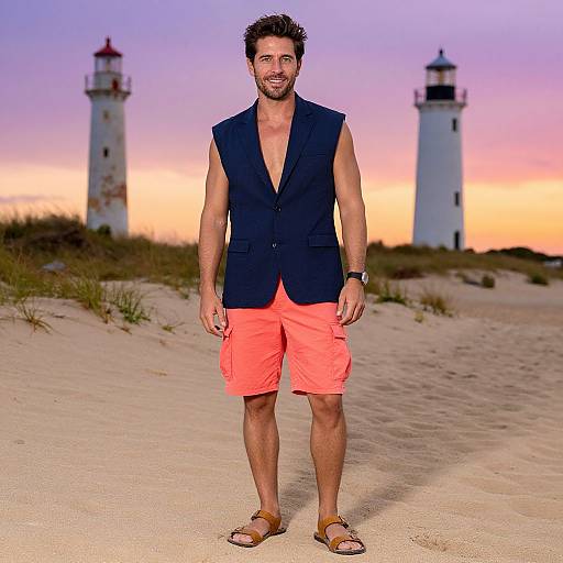 Photograph of a smiling, bearded man in a navy vest, orange shorts, and sandals, standing on sandy beach with two white lighthouses