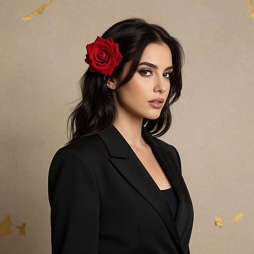 Photograph of a young woman with dark hair, wearing a black blazer, a red rose in her hair, and a neutral expression, against a