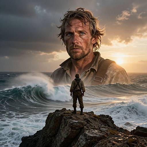 Digital artwork: A rugged, bearded man with tousled hair stands on a rocky cliff, facing a massive, surreal, superimposed head of