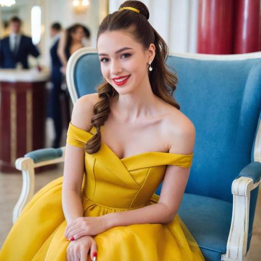 Elegant Woman in Yellow Dress Sitting on Blue Chair