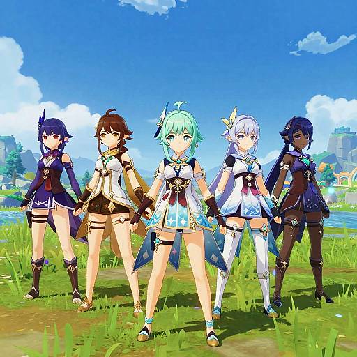 Digital anime-style illustration of five female characters with colorful outfits and diverse hair colors, standing in a bright, grassy field.