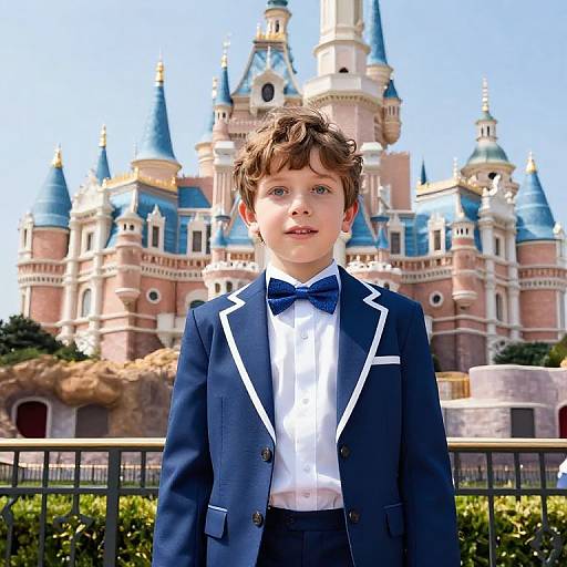 Photograph of a young boy with curly brown hair in a navy tuxedo with white trim and blue bow tie, standing in front of a colorful
