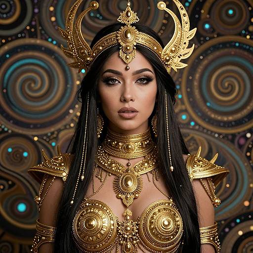 Photograph of a regal, dark-haired woman with golden ornate armor and crown, set against a swirling, colorful background. Ethereal, fantasy