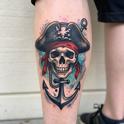 Colorful tattoo on a leg featuring a grinning skull with a pirate hat and red bandana, above a black anchor. Background includes blue watercolor
