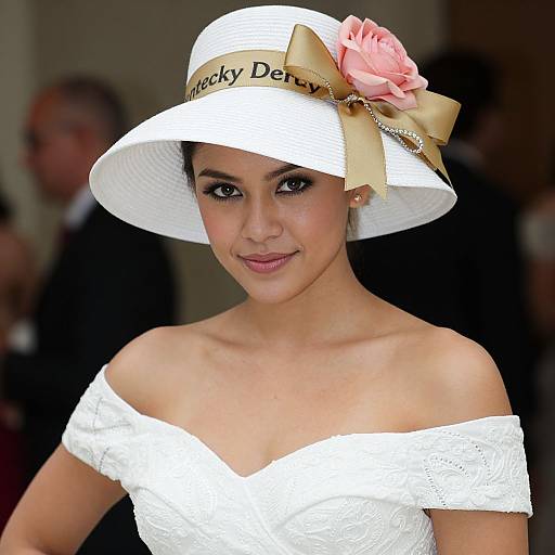 Photograph of a smiling woman with light brown skin, wearing a white off-shoulder dress and white hat with pink rose and gold ribbon, 