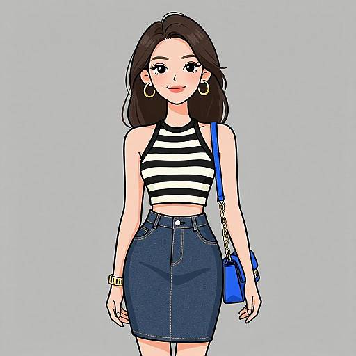 Digital anime-style drawing of a smiling young woman with long black hair, wearing a black-and-white striped crop top, blue denim skirt, and large hoop