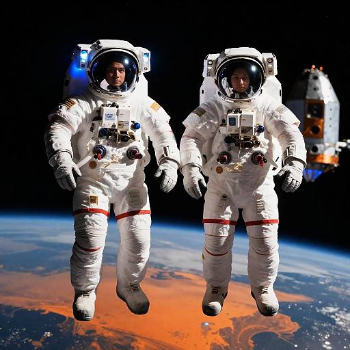 Two Astronauts Floating in Space Above Earth