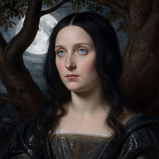 Digital painting of a pale-skinned woman with long black hair, blue eyes, and serious expression, standing against a dark, moonlit forest background with