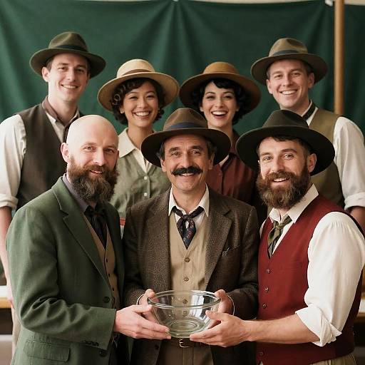 Group of People in Vintage Clothing Holding Glass Bowl