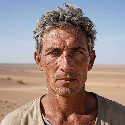 Photograph of a rugged, middle-aged man with gray, tousled hair and weathered skin, wearing a beige shirt, against a clear blue sky