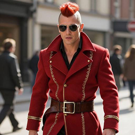 Stylish Man with Red Mohawk and Gold-Accent Coat