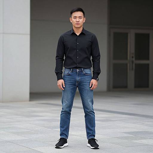 Photograph of a young Asian man with short black hair, wearing a black button-up shirt, blue jeans, and black sneakers, standing in a modern
